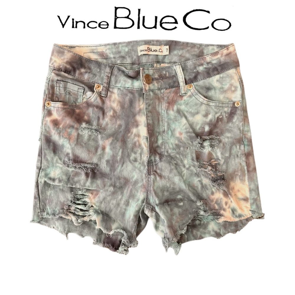 Vince Blue Co Tie Dye Stretch Denim Shorts. Distressed. Blue / Gray. Juniors 7